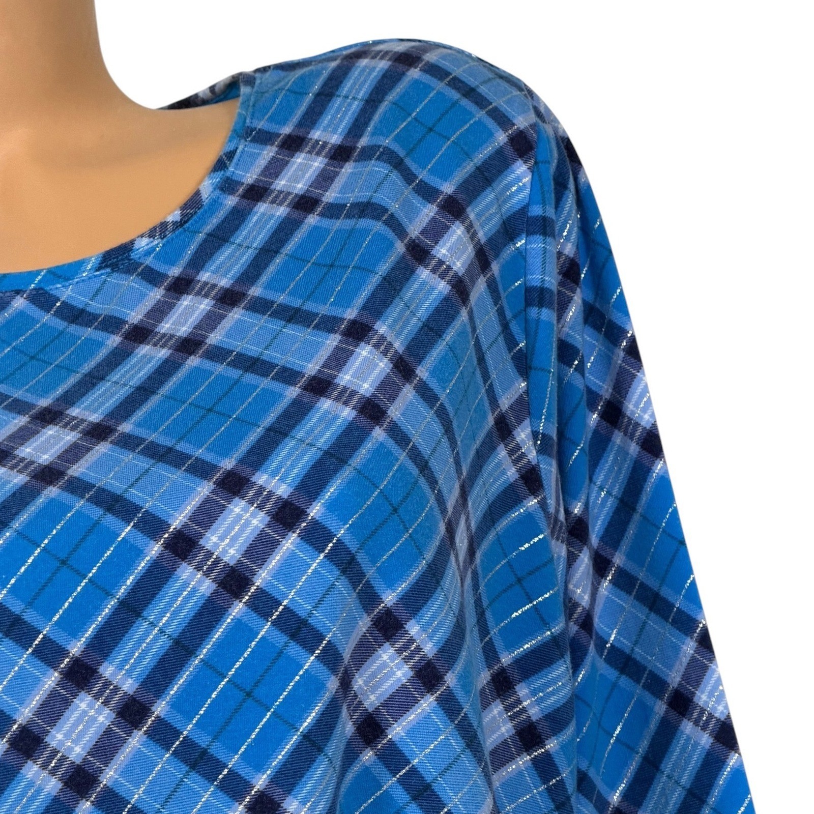 Talbots Blue Plaid Metallic Long Sleeve Tee Shirt Womens Plus 2X Cotton Stretch