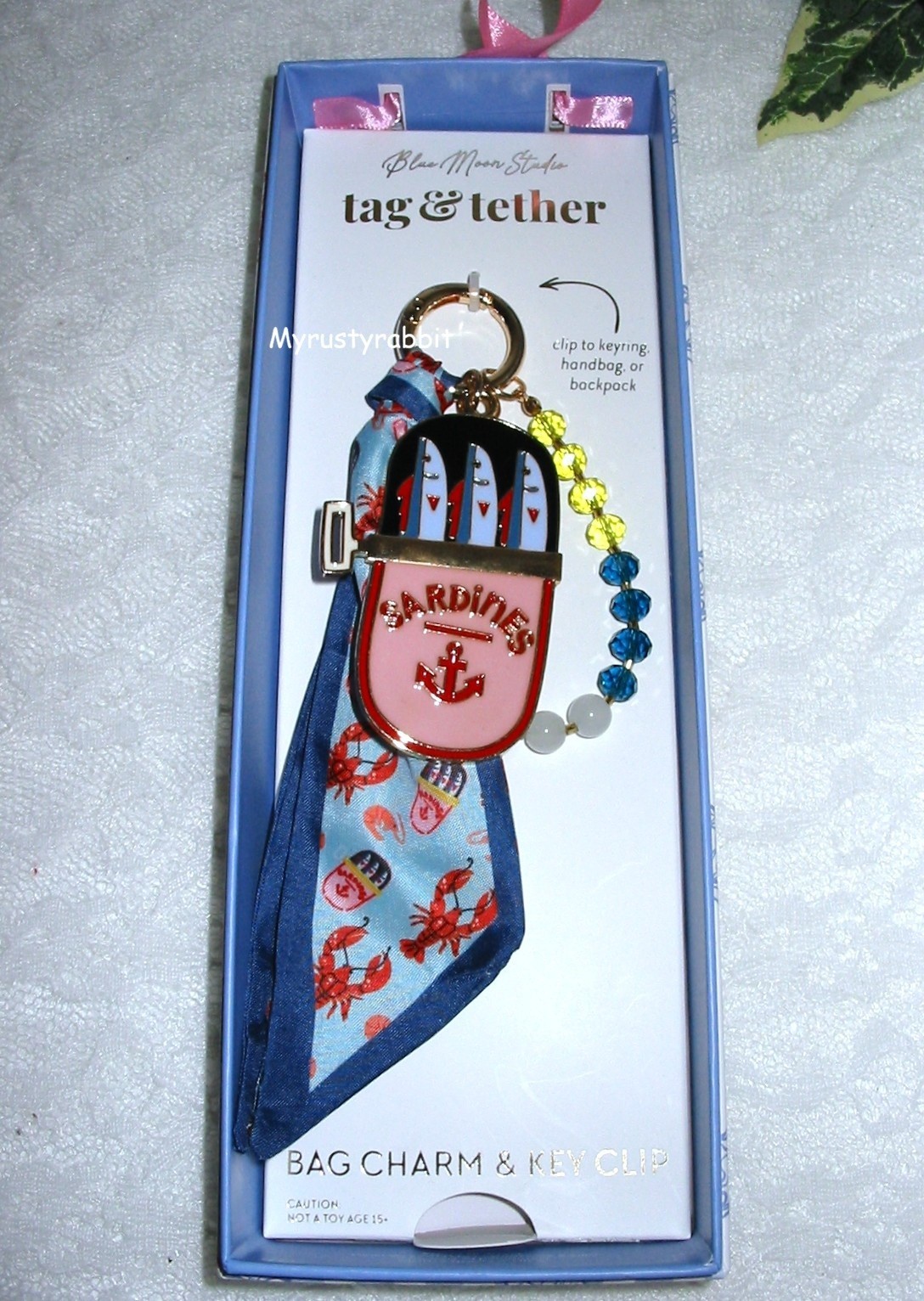 Sardines Beaded Gold Bag Charm or Clip to Keyring ~ Blue Moon Studio NEW