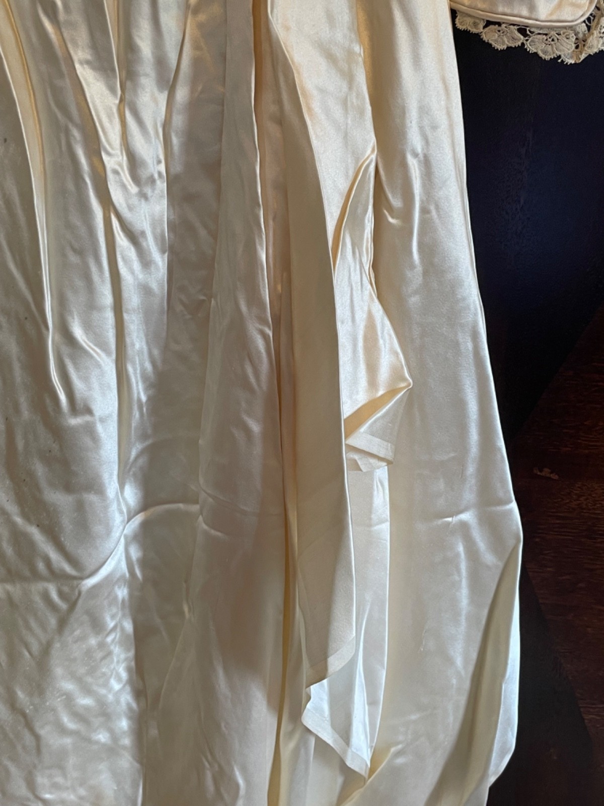 Antique Victorian Edwardian c 1900 Ivory Satin Handmade Wedding Dress w/ Lace