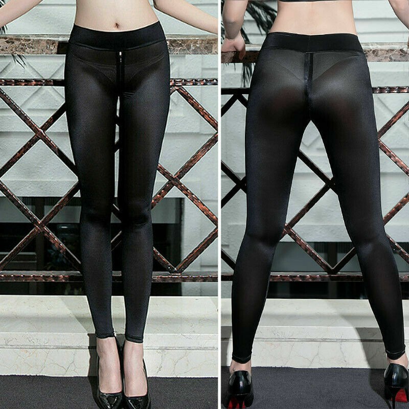 Women/Lady Sheer Shiny Zipper Open Crotch Leggings Silky Trousers Pants Clubwear