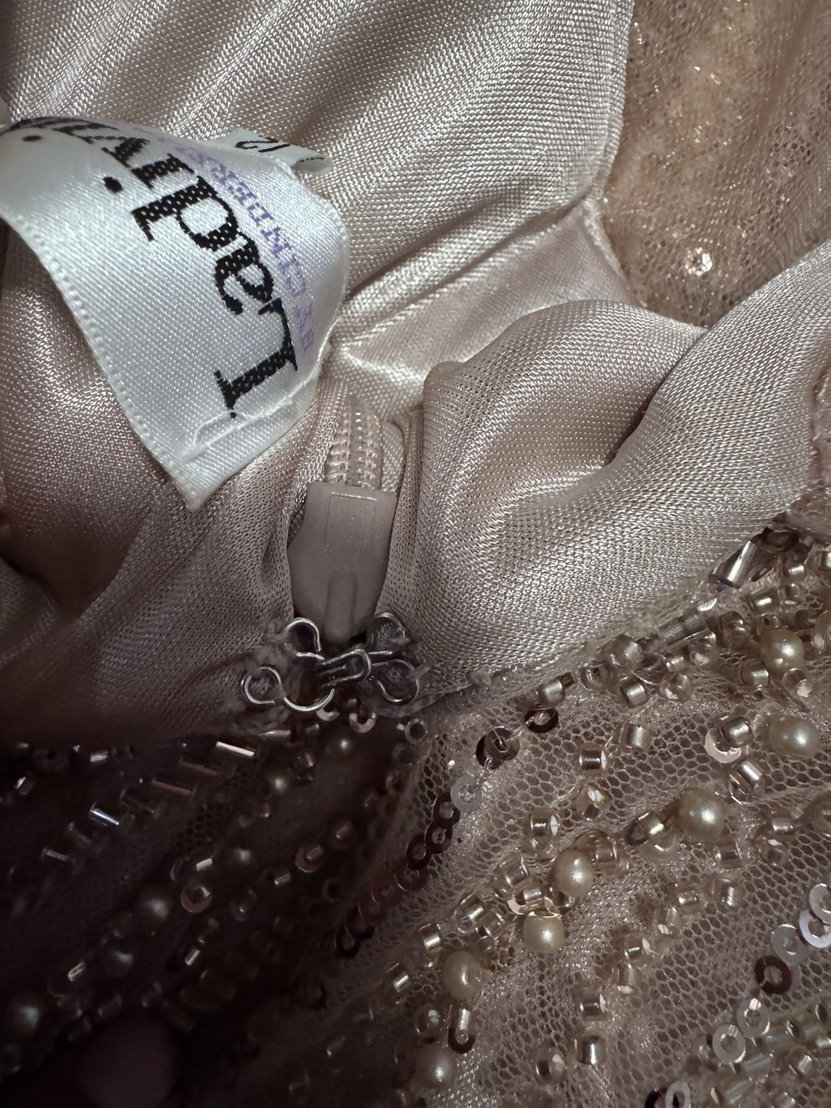 Ladivine by Cinderella Divine Champagne Beaded Sequin Mesh Gown Dress Size 12P