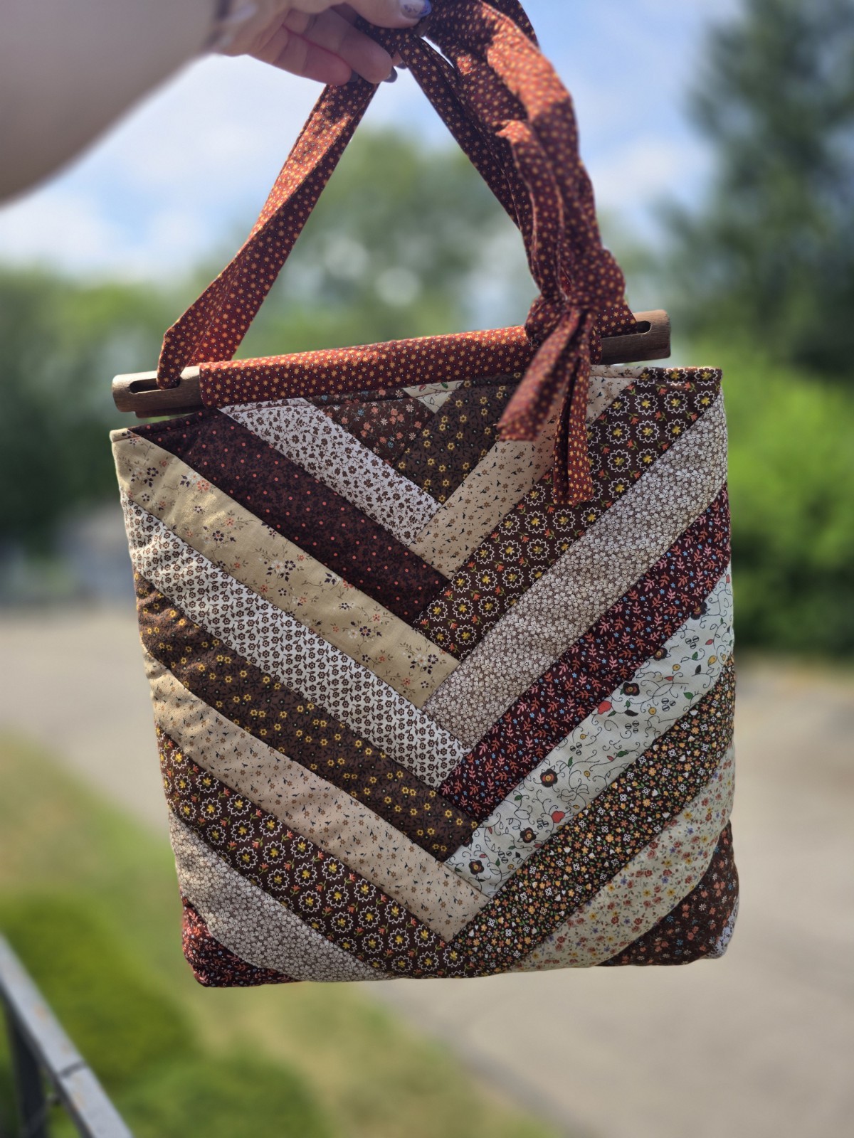 Handmade Quilted Tote Bag Patchwork Cotton Wood Handles Brown Cottagecore Retro