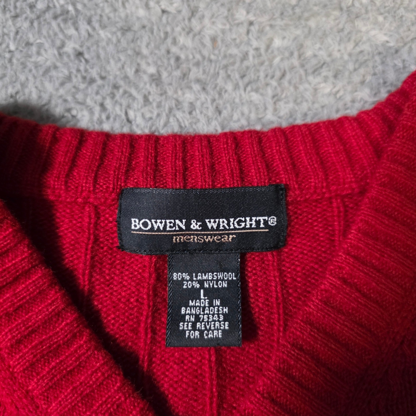 Bowen & Wright Mens Large Sweater Red Lambswool Blend V-Neck Ribbed Pullover