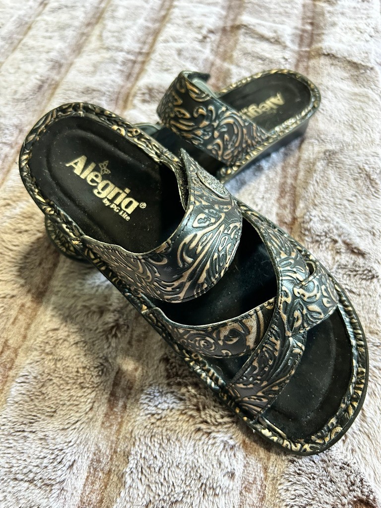 Alegria sandals size 38, US 9 leather, black and bronze