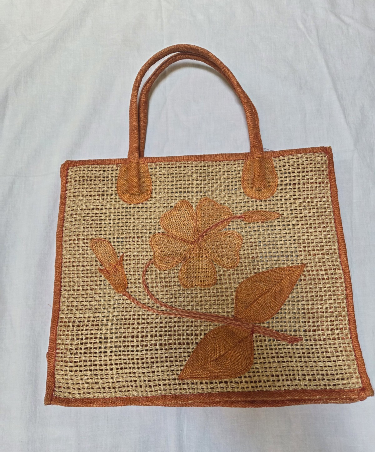 Vintage Handmade Philippine Abaca Floral Tote Beach Bag Orange Trim Boho Cottage