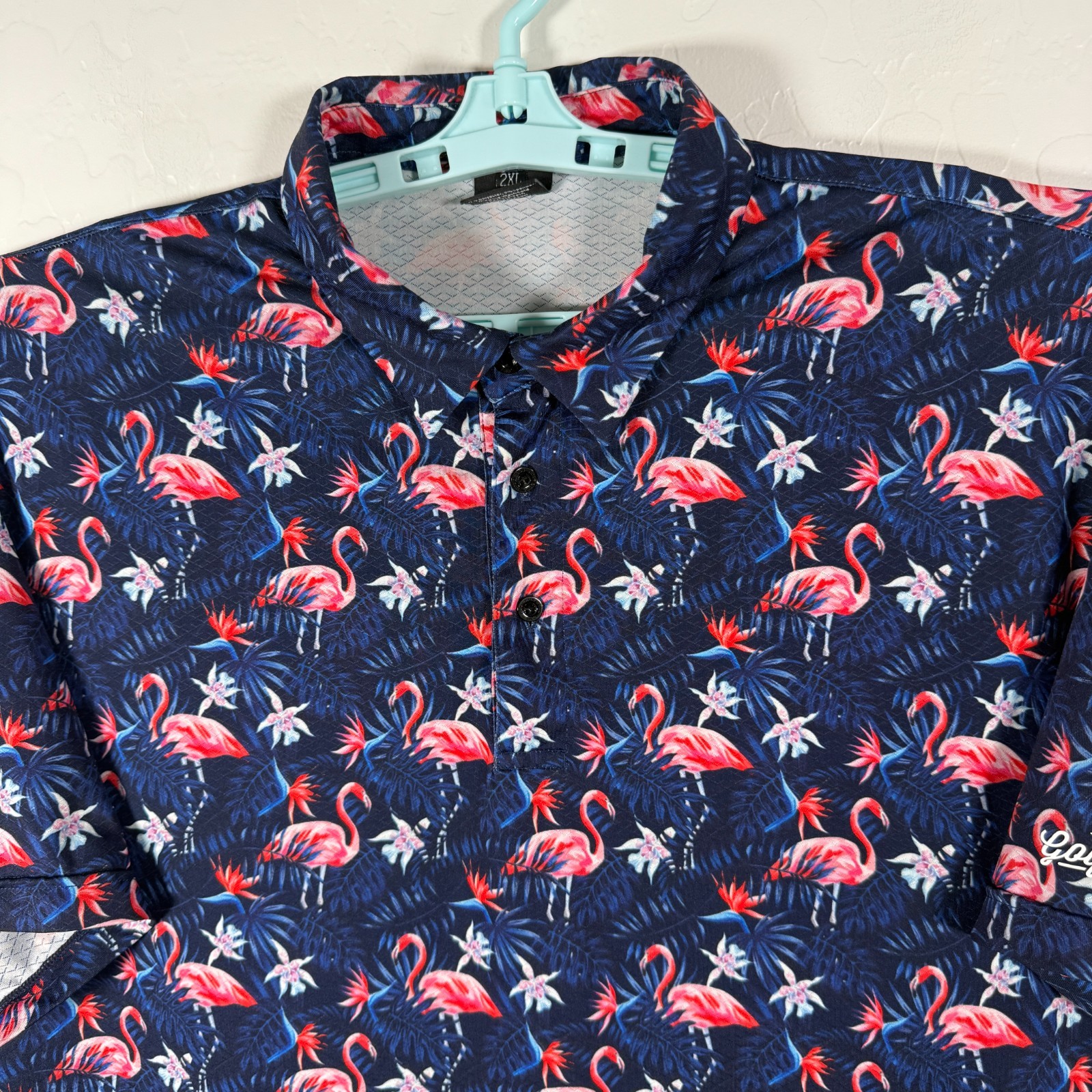 Golf Gods Polo Shirt Mens 2XL Blue Pink Performance Floral Flamingo Bird Novelty