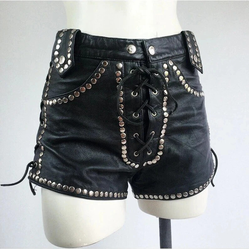 70s Vintage Biker Leather Shorts Women’s High Waisted Lace Up Studded Black Hot