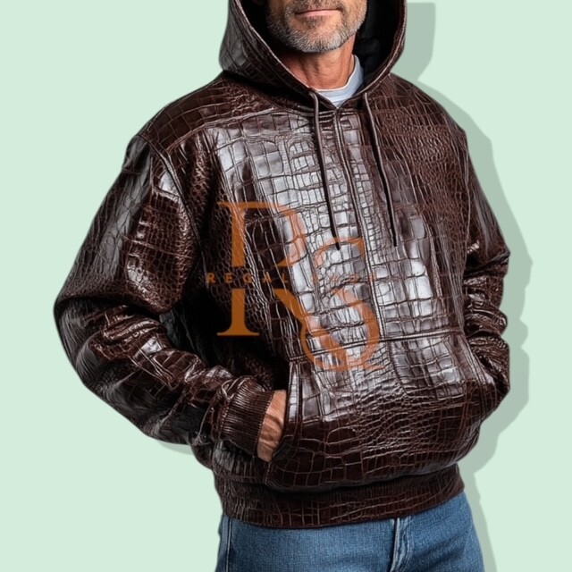 Men’s Crocodile Print Brown Leather Hoodie Genuine Soft Lambskin Leather Hoodie