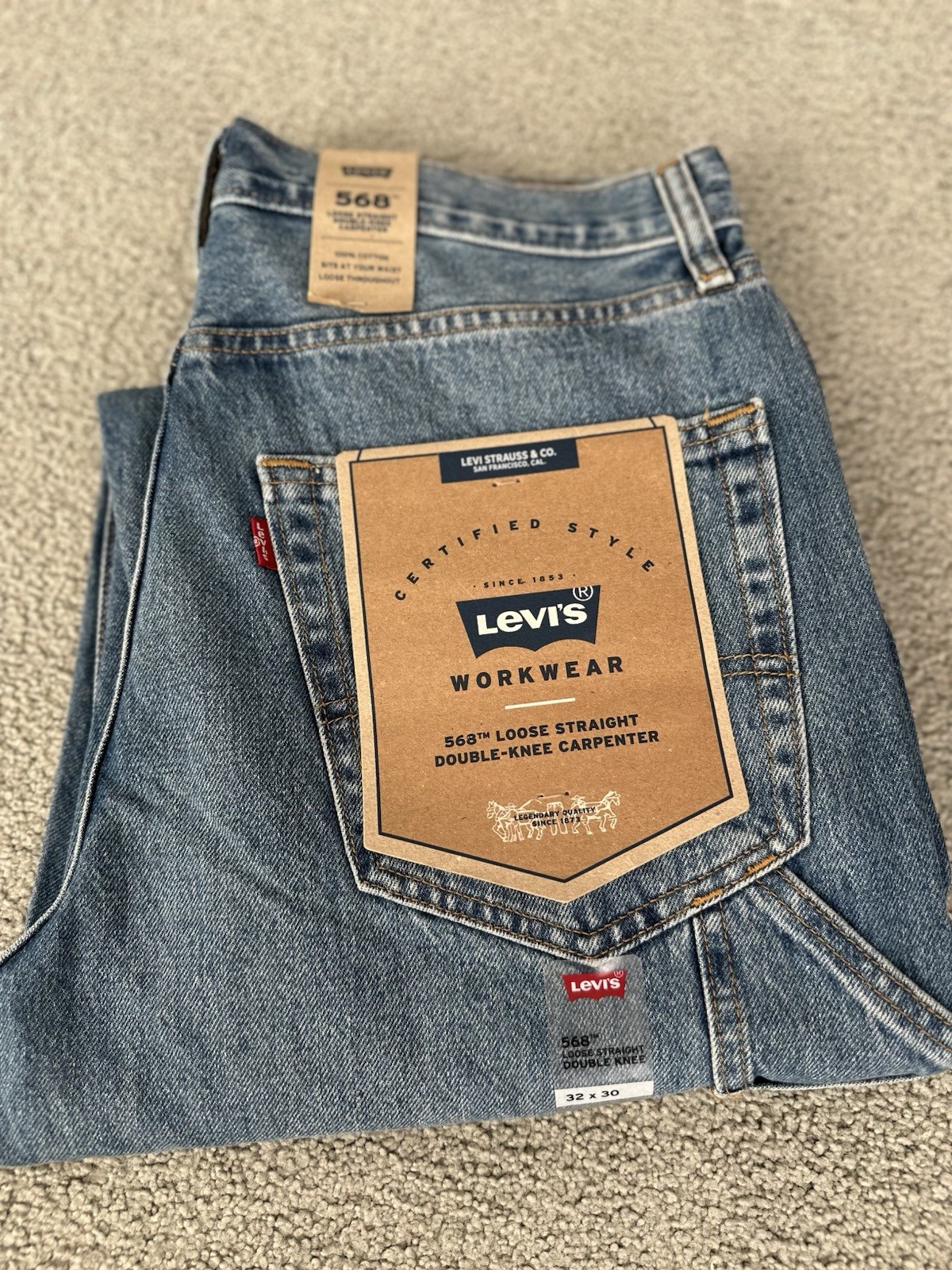 Levis 568 Double Knee Carpenter Blue Loose Denim Tag Sz. 32Wx30L Measure 33WX29L