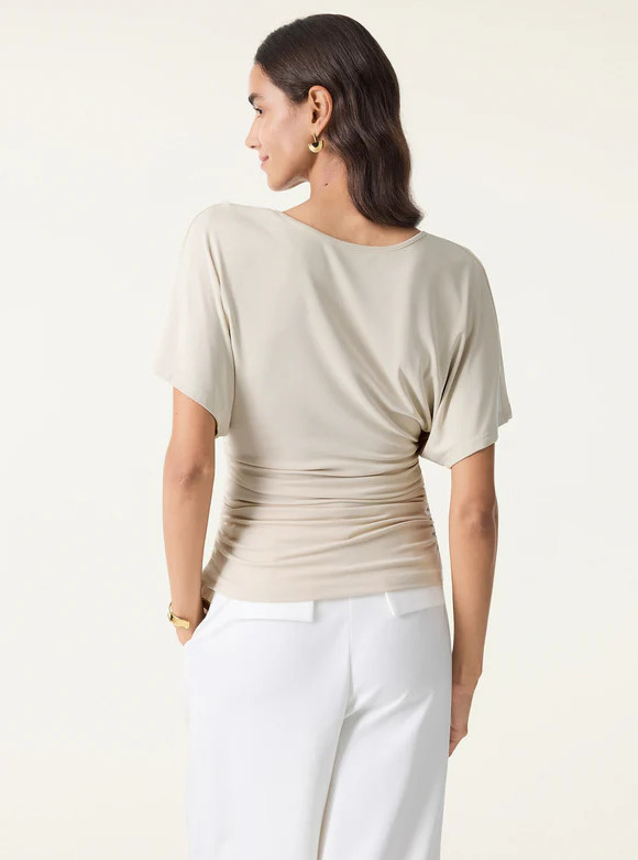 New!! OGLmove Effortless Boatneck Batwing Sleeve Side Ruched Top, Morning Mist