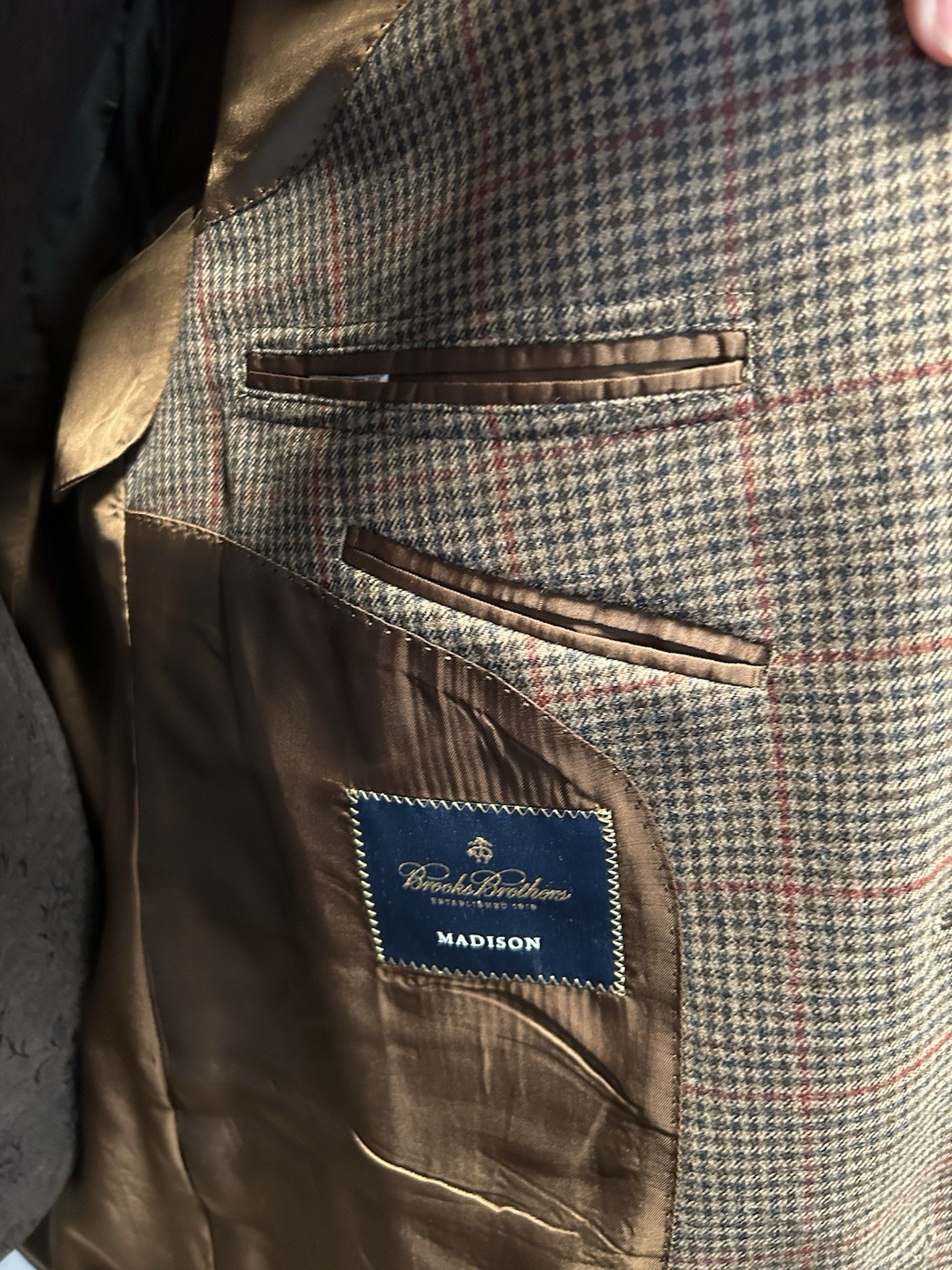 Brooks Brothers Madison Fit Blazer Mens 46L Brown Hounds Tooth Check Tweed