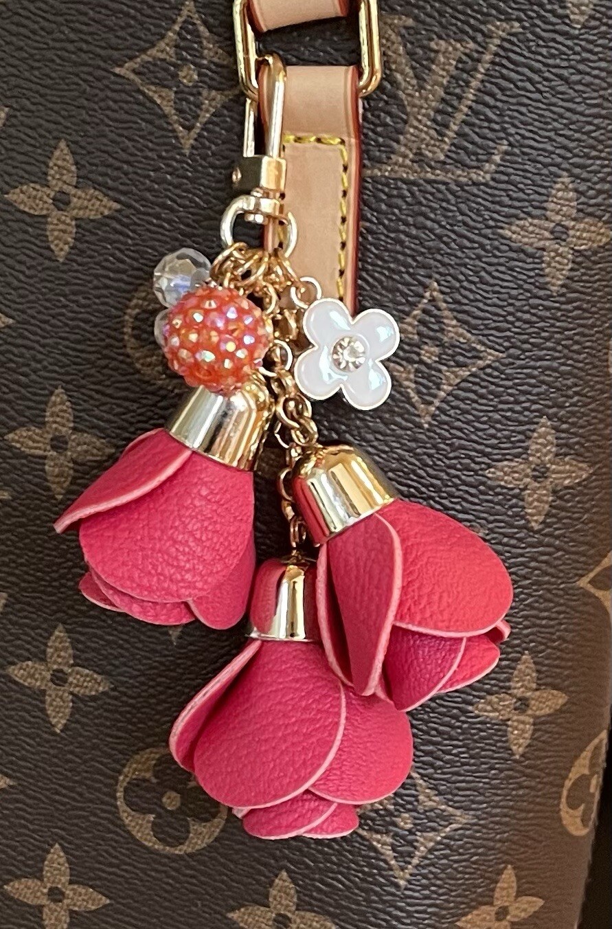 WATERMELON RED REDDISH PINK LEATHER ROSE TASSEL DISCO BALL RHINESTONE BAG CHARM