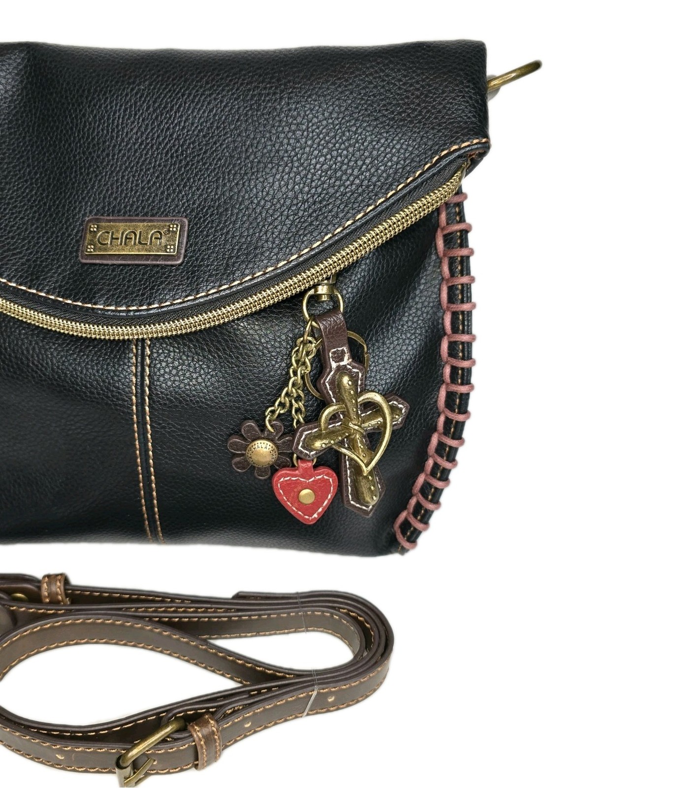 Chala Handbags Charming Crossbody Bag Flap Top Zipper Black + Cross Purse Charm