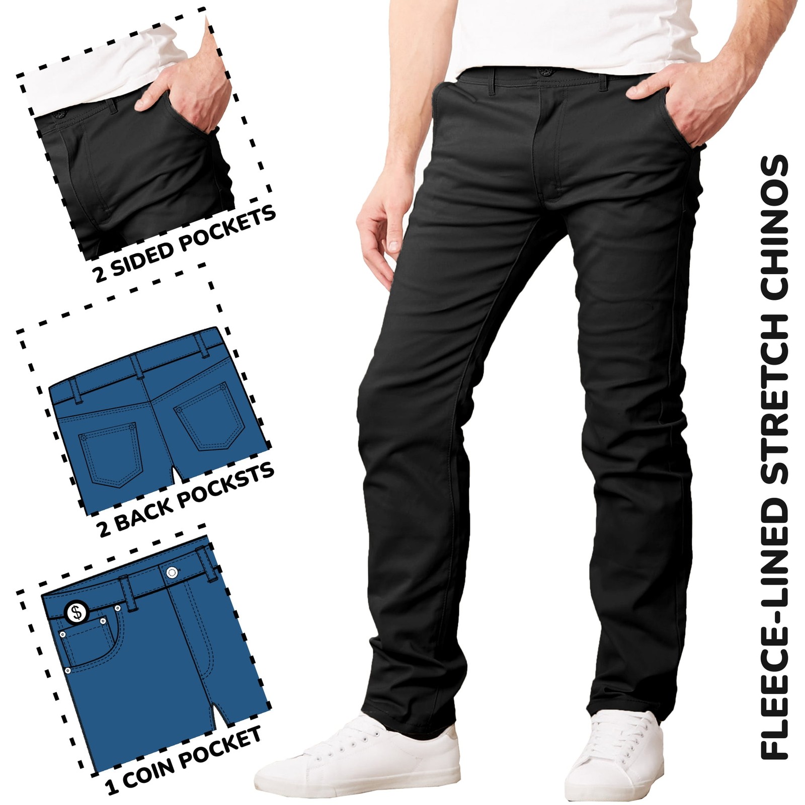 GALAXY BY HARVIC MEN’S HEAVYWEIGHT FLEECE-LINED STRETCH PANTS BLACK SIZE: 30×31