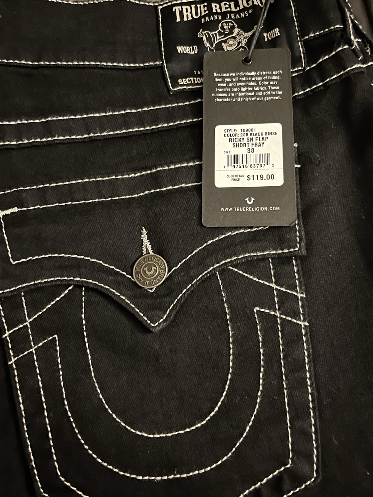 True Religion Men’s Black Rinse Straight Denim Jeans World Tour Flap Pockets