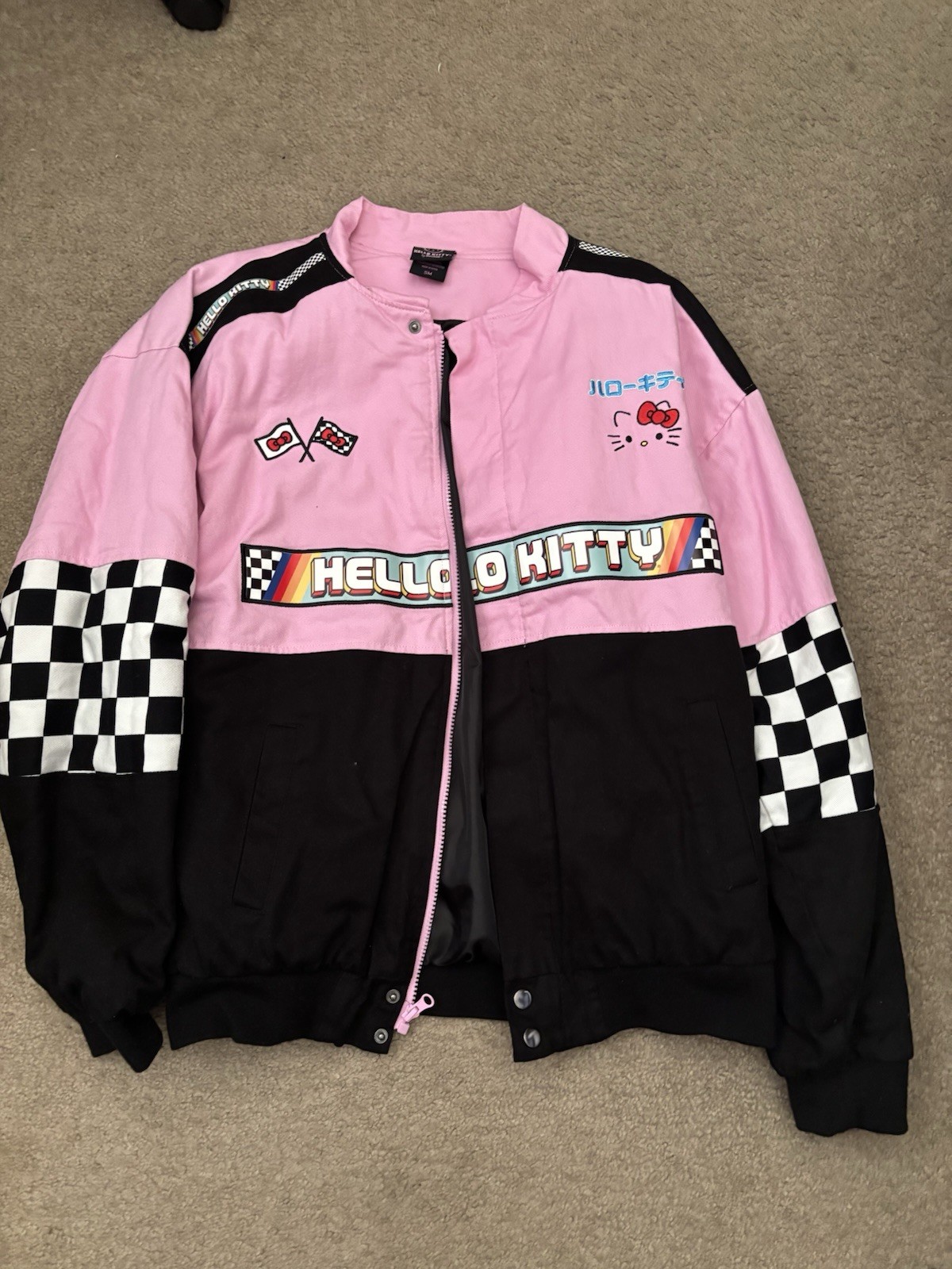 Hello Kitty Women’s Pink/Black Colorblock Bomber Jacket Full Zip SM