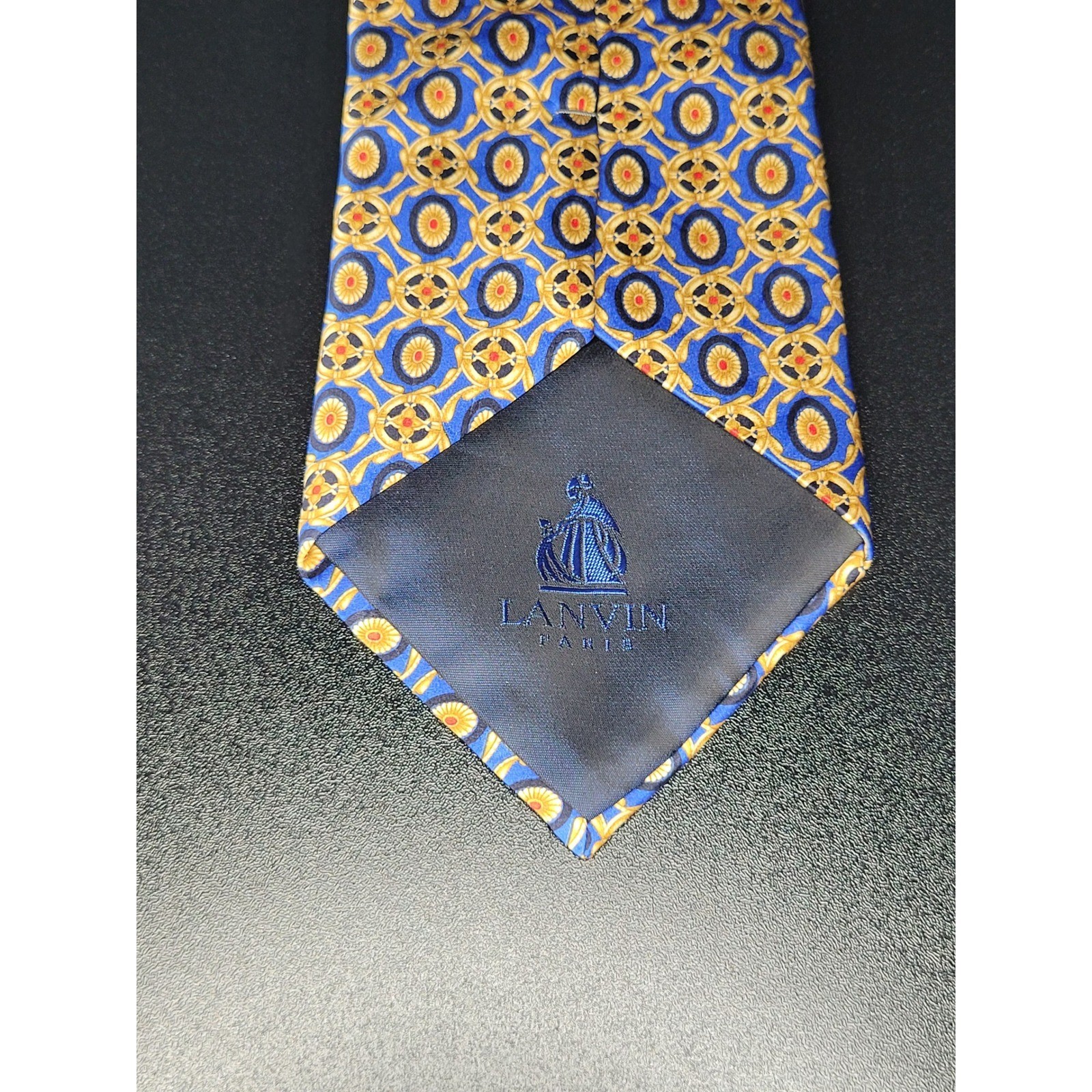 Lanvin Men’s Necktie Blue Gold Geometric Silk 3.75″ x 58″ Excellent