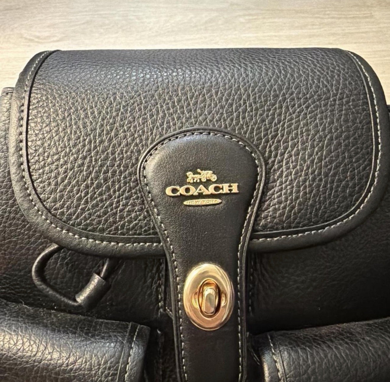 Coach Black Pebbled Turn Lock Drawstring Small Backpack Gold Hardware Hangtag