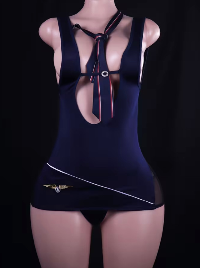 Asian 1-Size (USA XS-M) Deep Blue Air Stewardess Lingerie Bodycon w Thong. Nice!