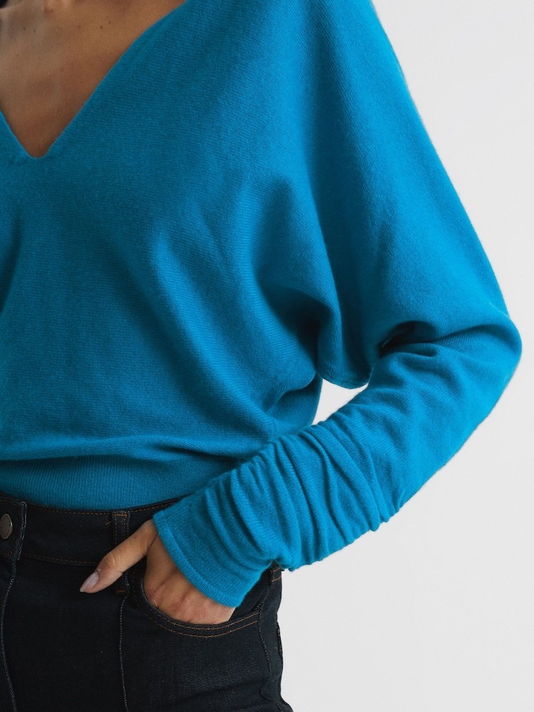 $146 Reiss Jolie Top M Deep V-Neck Jumper Cashmere Wool Ruched Sleeve U74-829