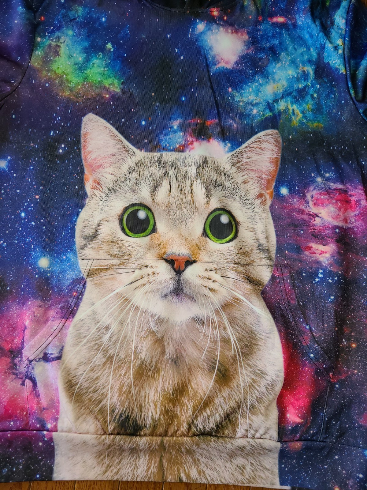 Space Cat Hoodie 3D graphic XL Kangaroo pocket Cat Lady/Man Celestial Geek