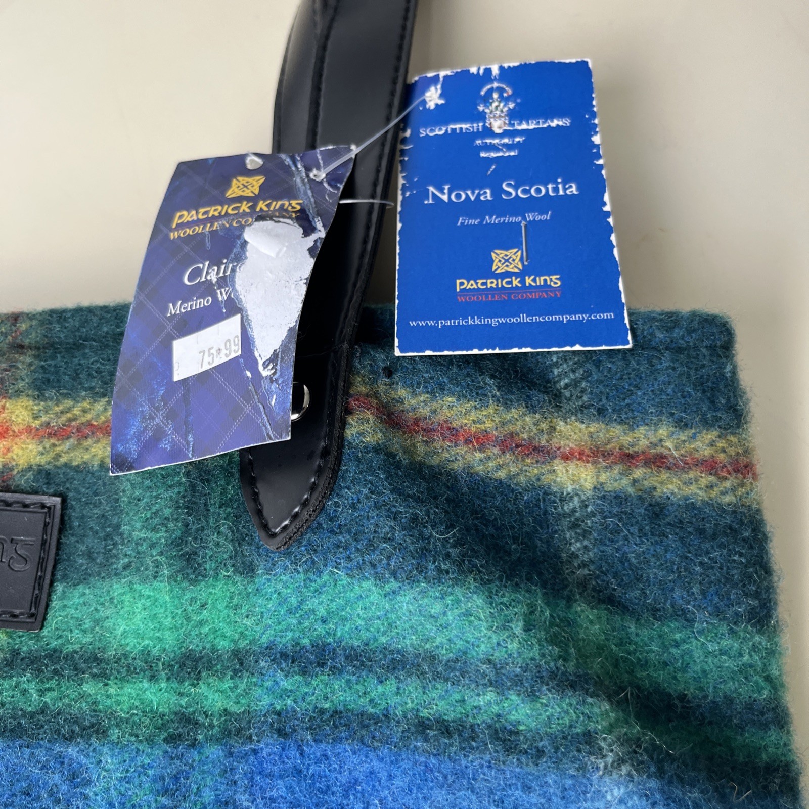 Patrick King woolen company Marino woolToteBag NEW Plaid Blue Green Tartan