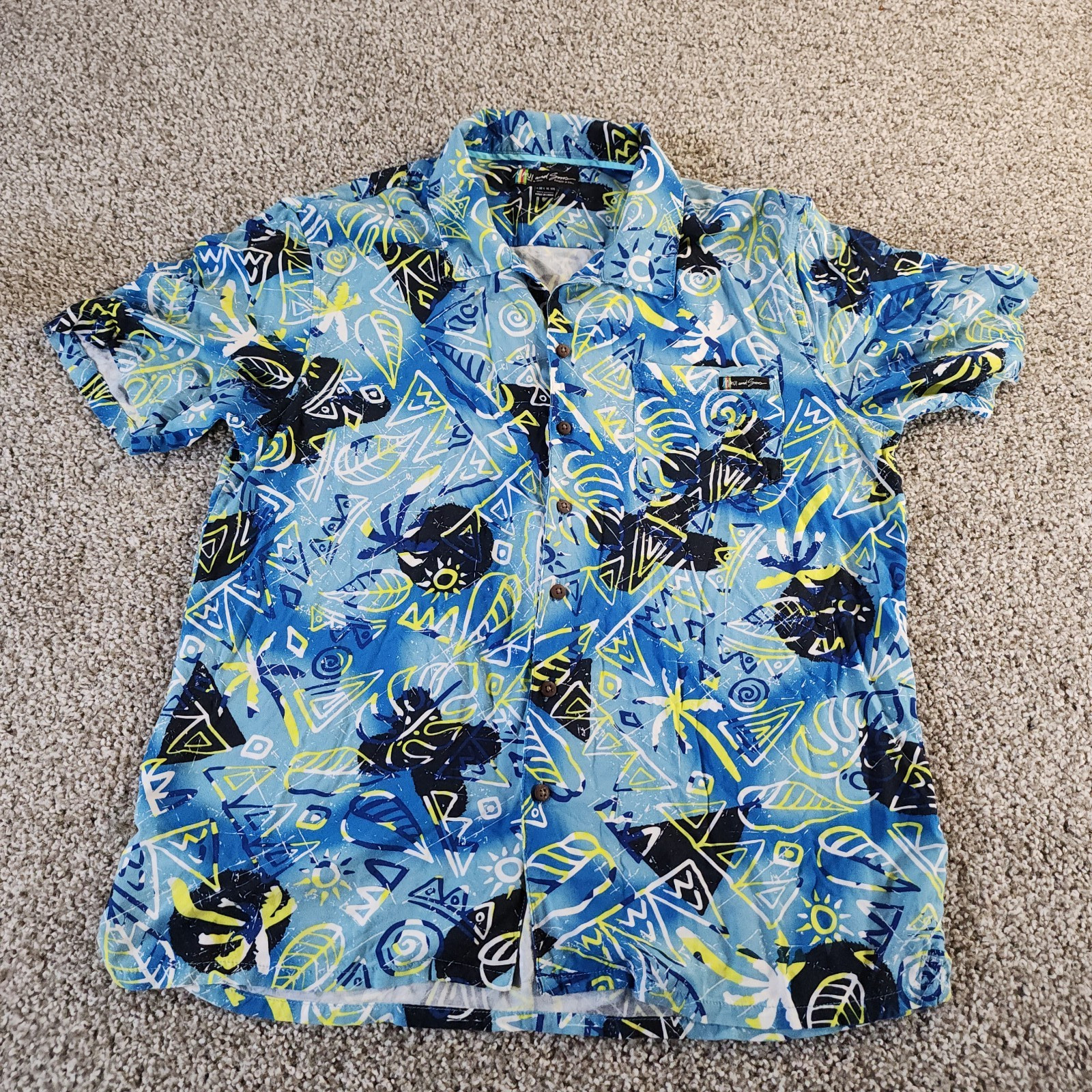 Maui & Sons Shirt Mens Medium Blue Black Neon Bright Button Up Short Sleeve