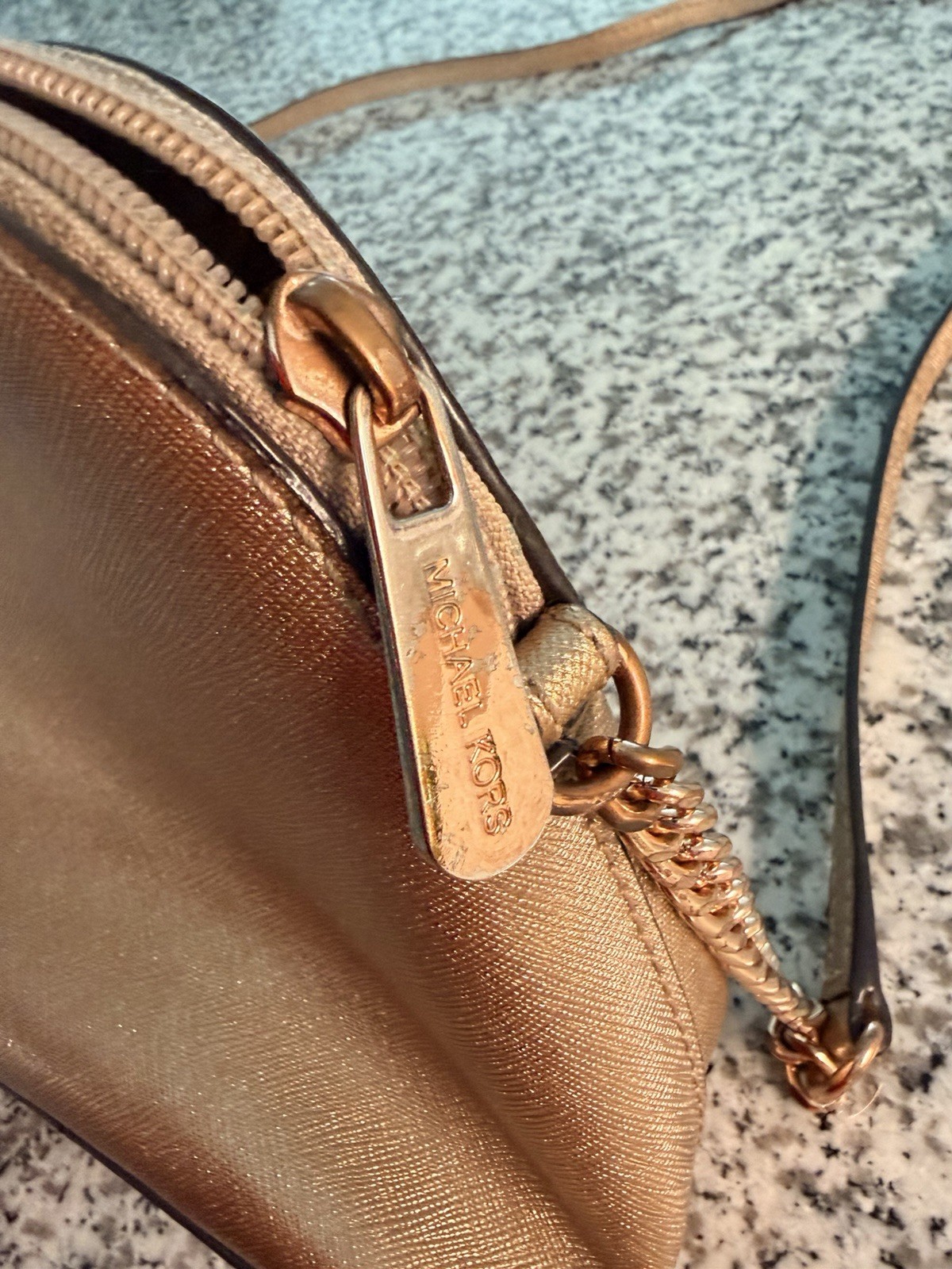 Michael Kors Rose Gold Metallic Small Crossbody Bag Zip Logo Detachable Strap