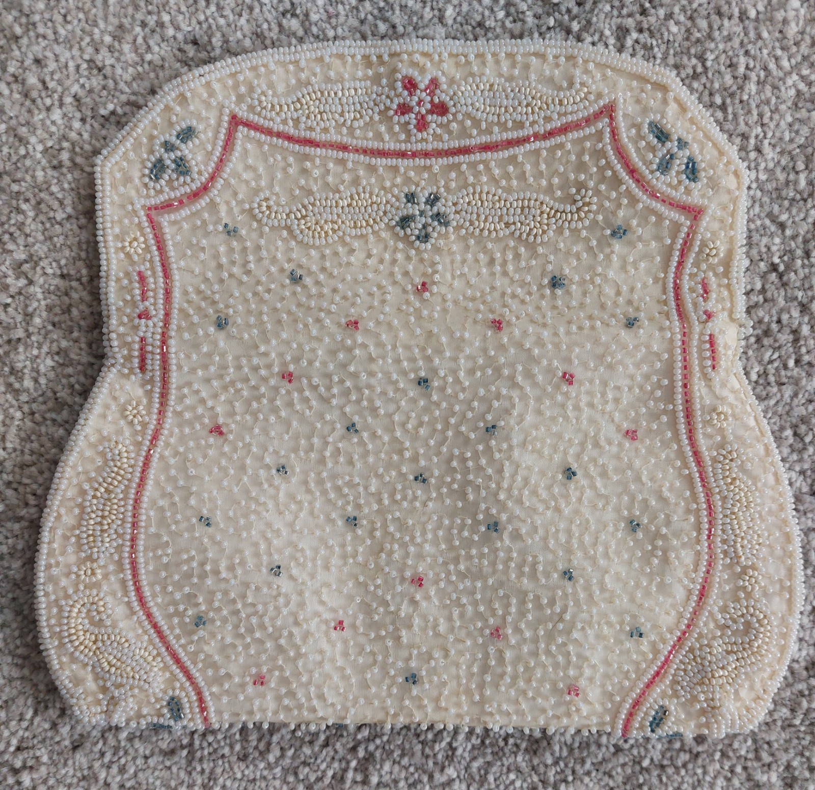 Vtg. Walborg Hand Beaded Clutch Purse Ivory Pink Blue Floral Made in W. Germany