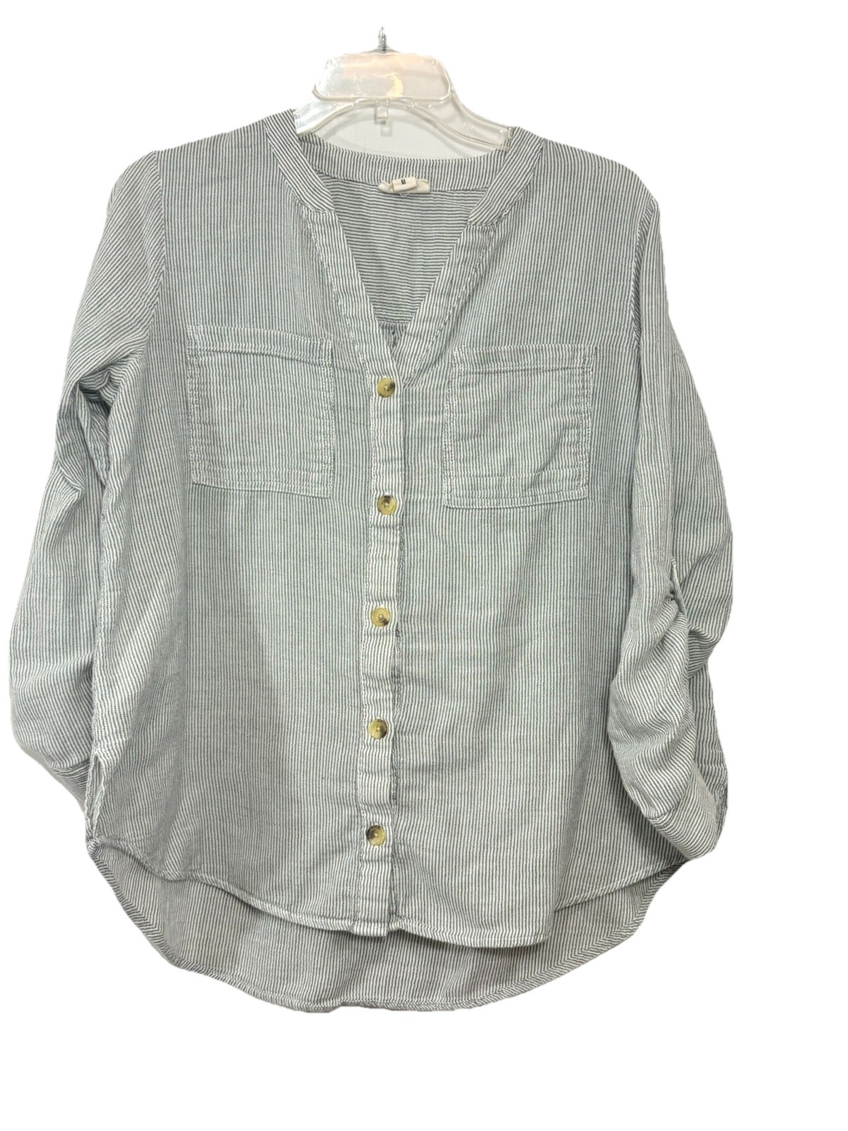 a.n.a Blouse M Gray White Stripe Top Button Up Cotton Beach Summer Casual