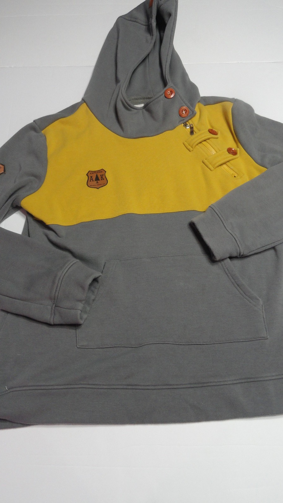 Alaska Chicks Hoodie Sz XL Gray/Mustard Button/Zipper Left Shoulder Enjoy Life