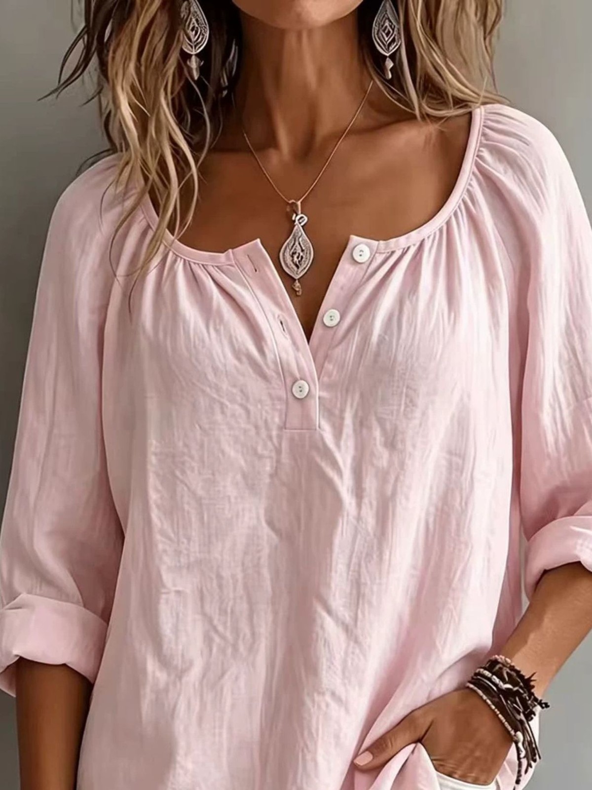 Voidism – Womens Button Detail Long Sleeve Top. A Casual Pullover.
