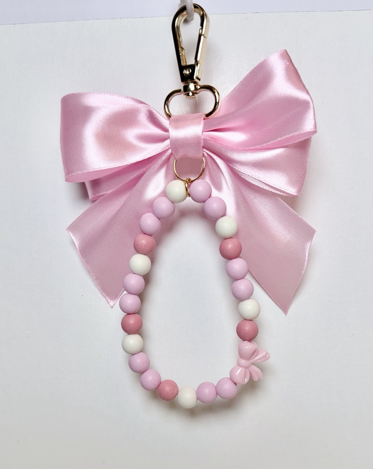 Pink & White Beaded Keychain Charm Satin Bow Lobster Clasp Women’s