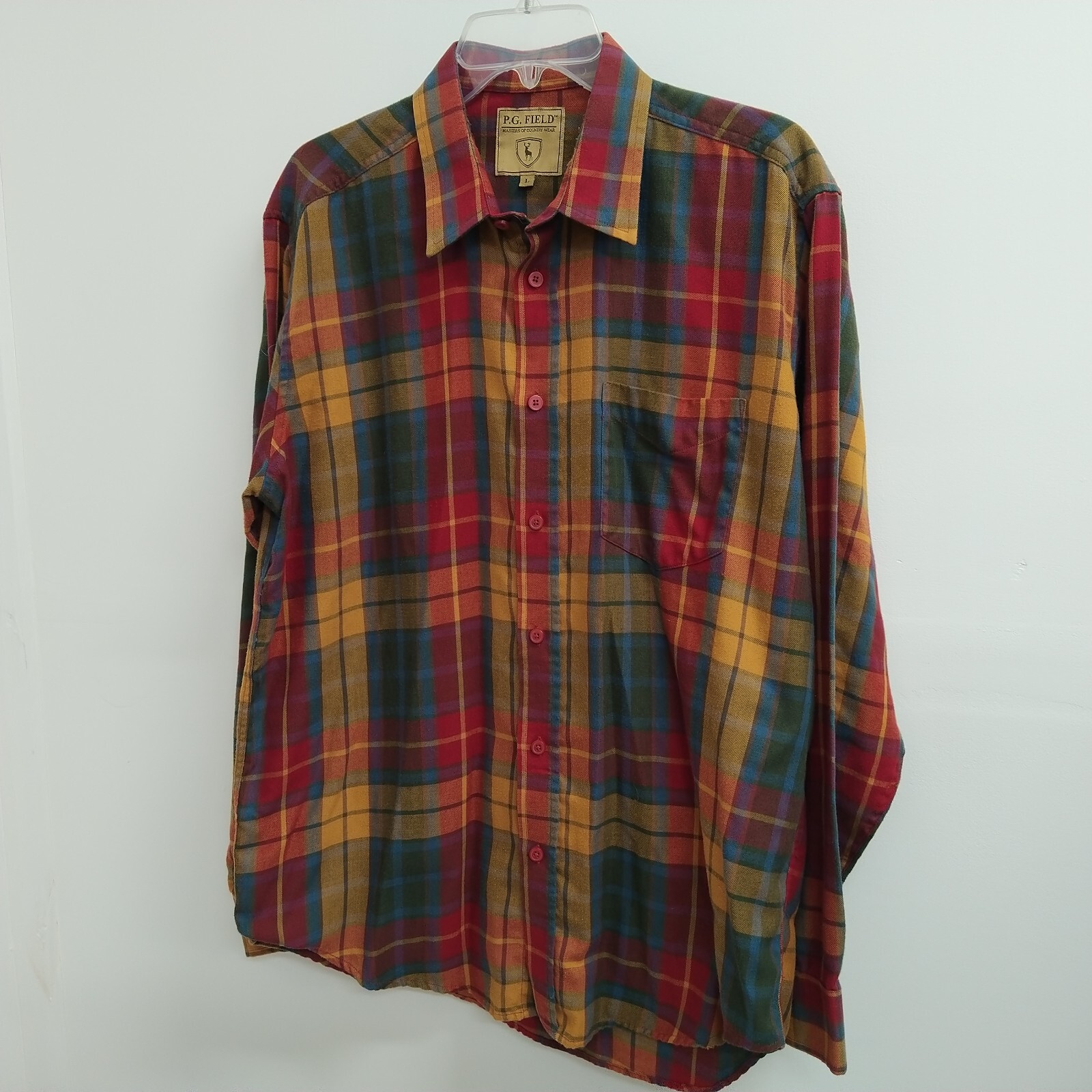 P.G. Field Mens Button Up Shirt Size Large Red Plaid Colorfull Long Sleeve