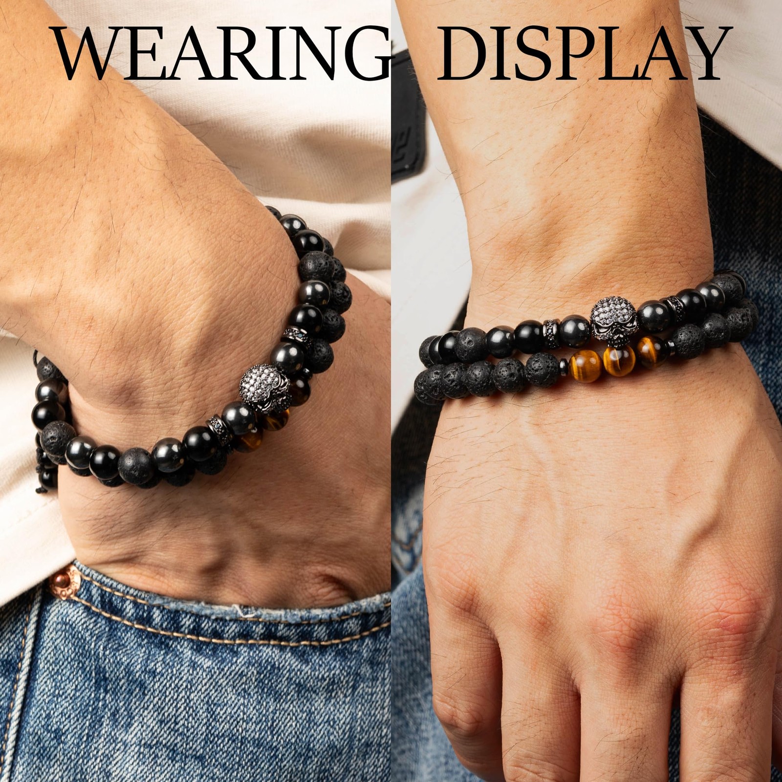 Crystery Men Hematite Beaded Bracelets, One Size, Black, Brown, Yellow, Grey