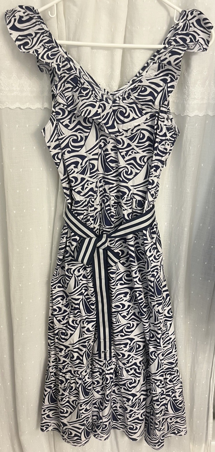 Vineyard Vines Target Blue White Sailboat Midi Dress M Cotton Belted Nautical