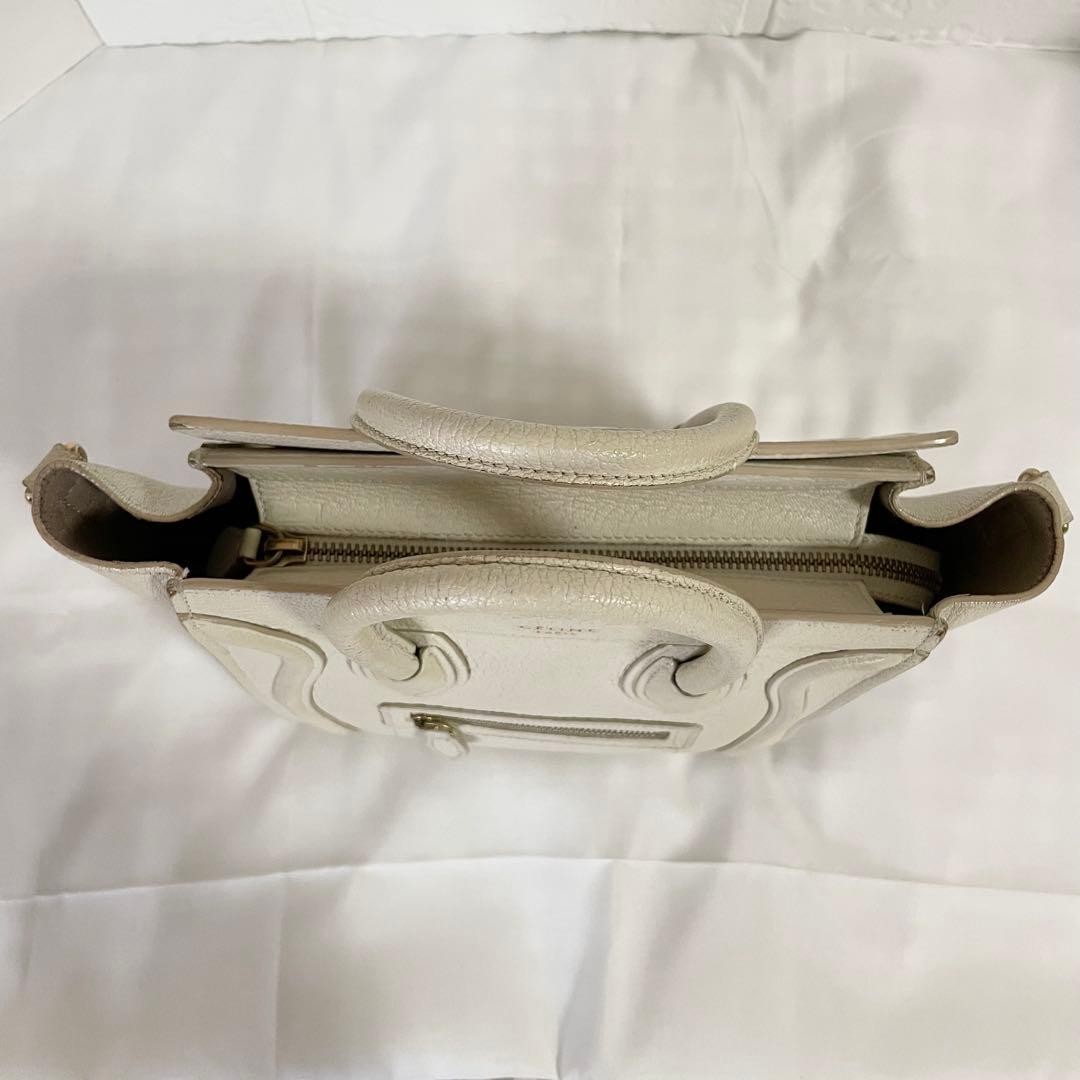 Celine Luggage Nano Shopper Handbag Drummed Calfskin White 7.87 With Strap