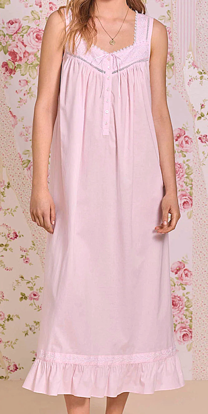 Nwt Eileen West Rose Pink EMBROIDERED 100% Cotton Lawn Long Ballet Nightgown L