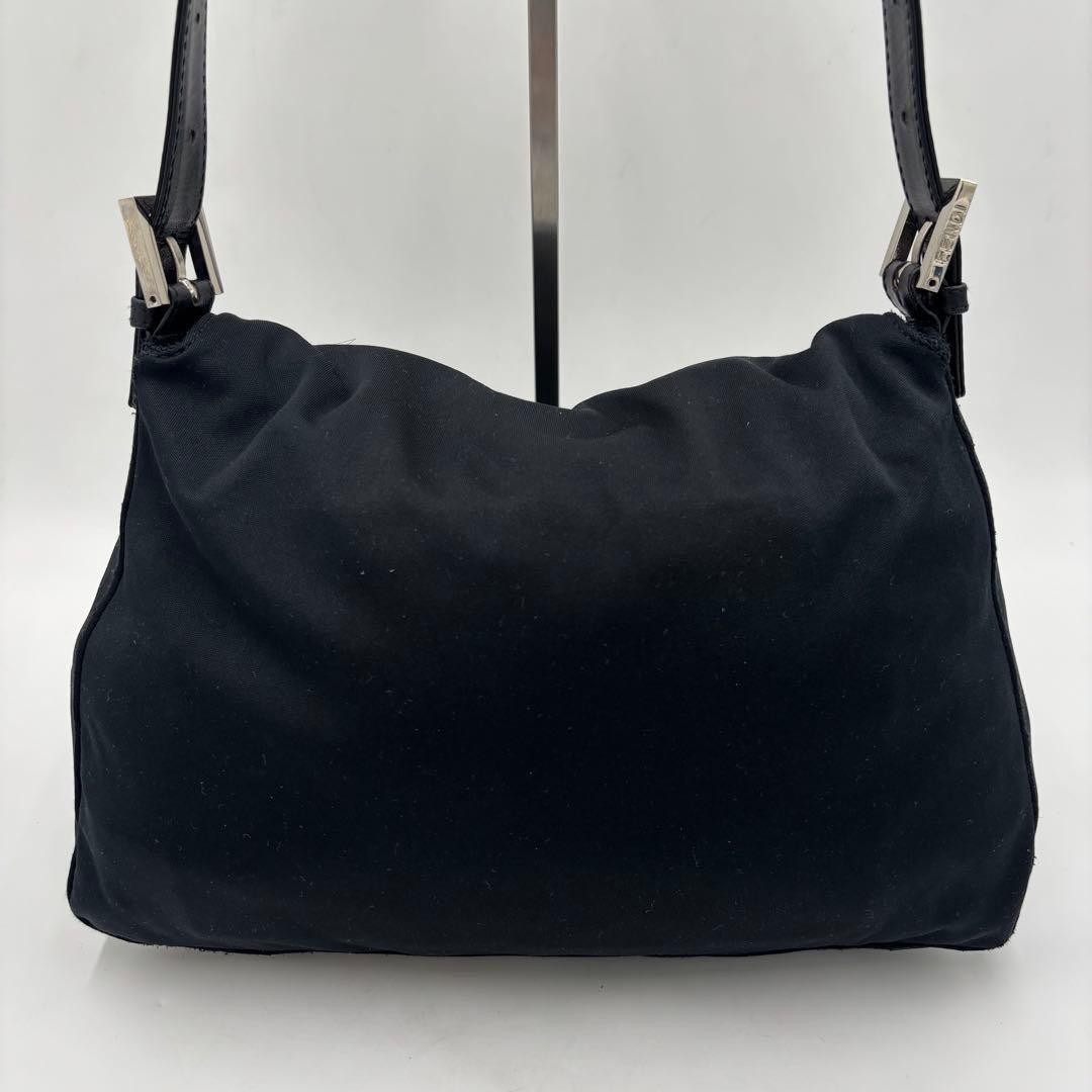 FENDI Mamma Baguette 26325 Shoulder Bag Black Leather Cotton Jersey