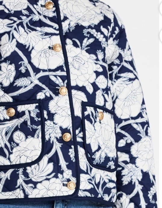 Navy Floral Grandmacore Quilted Midweight Cotton Cottagecore L Button Up Jacket