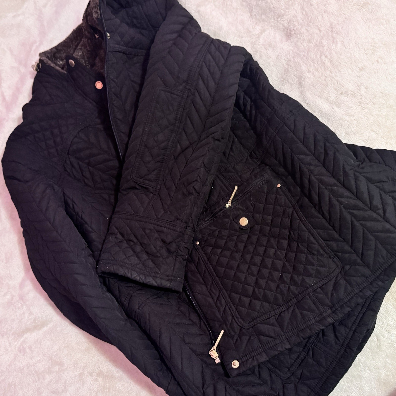 Weatherproof Women’s Black Hooded Quilted Lined Zip/Snap Jacket Size L