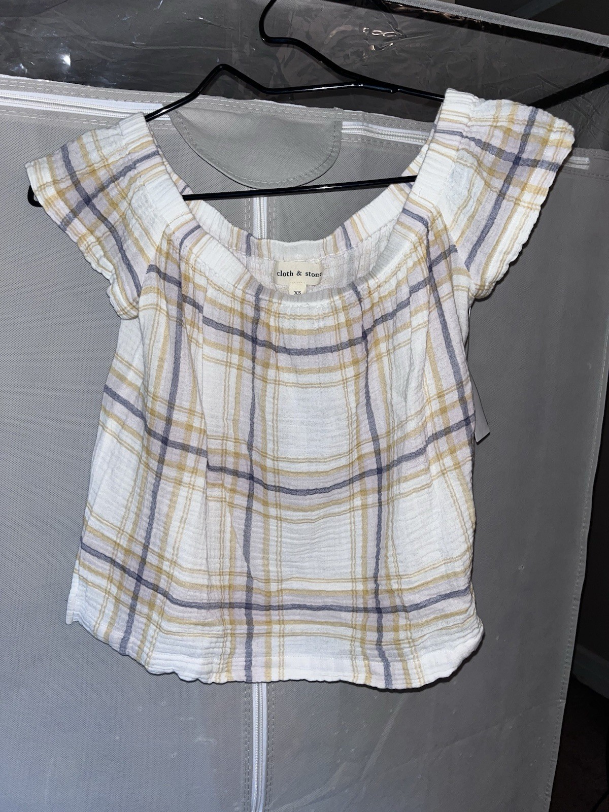 Cloth & Stone Plaid Off the Shoulder Crop Top XS Pastel Textured Gauze Blouse