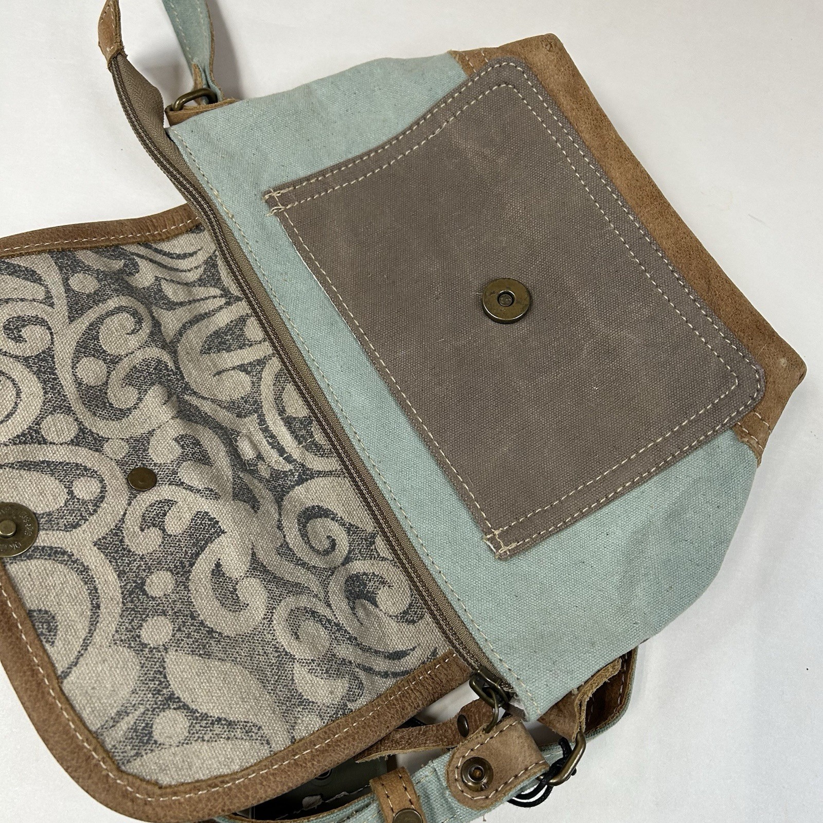 NEW Myra Bag Crossbody Bag Small Canvas Leather Blue Brown Flap #1246