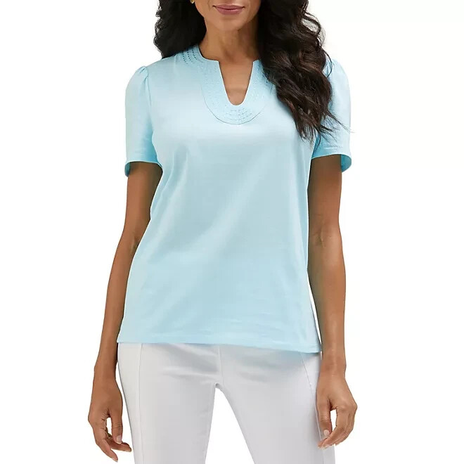 Rafaella Women’s Short Sleeve V-Neck Shirt, Atomizer Blue, Medium