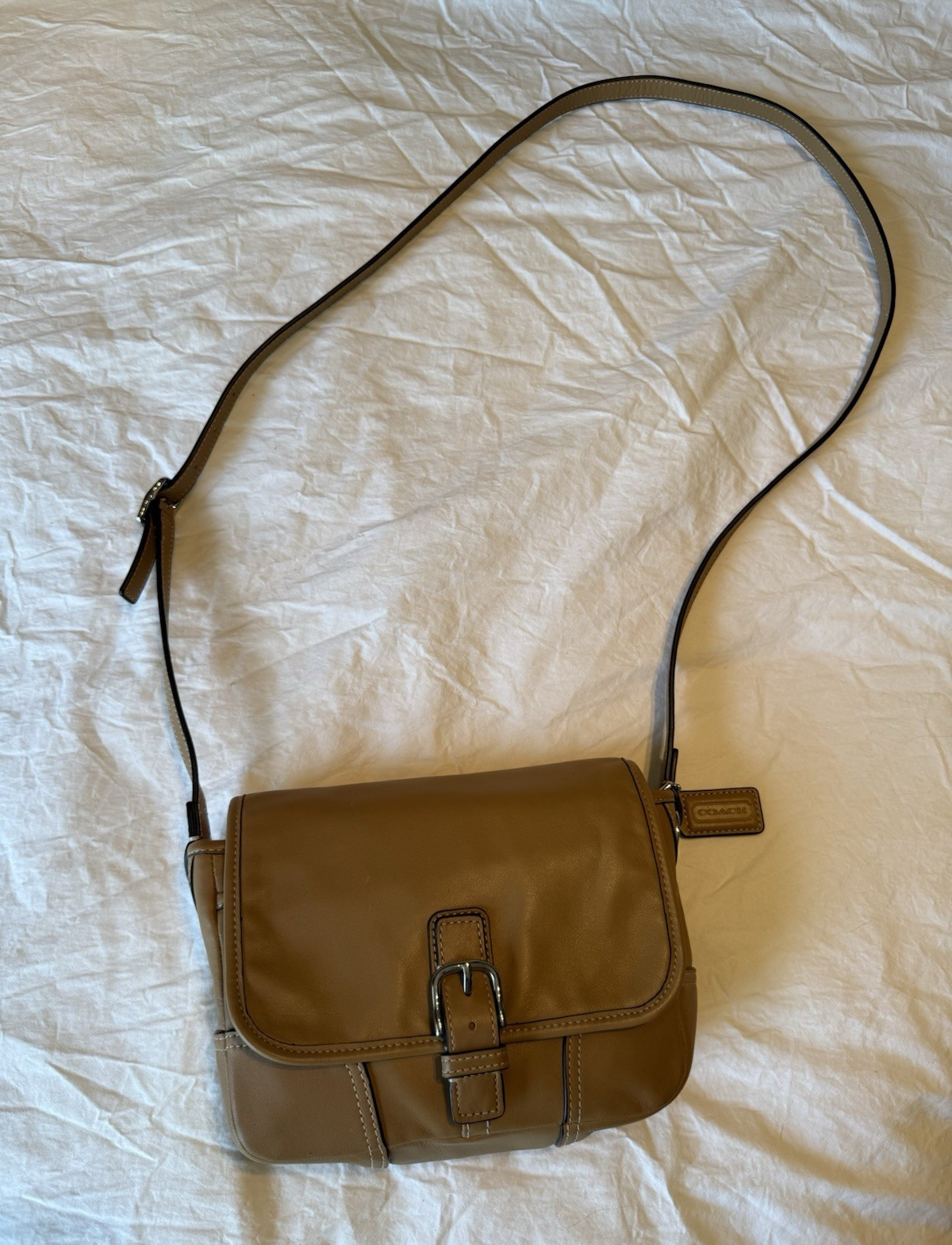 Coach Camel Tan Crossbody Bag Buckle Flap Magnetic Closure Pink Lining
