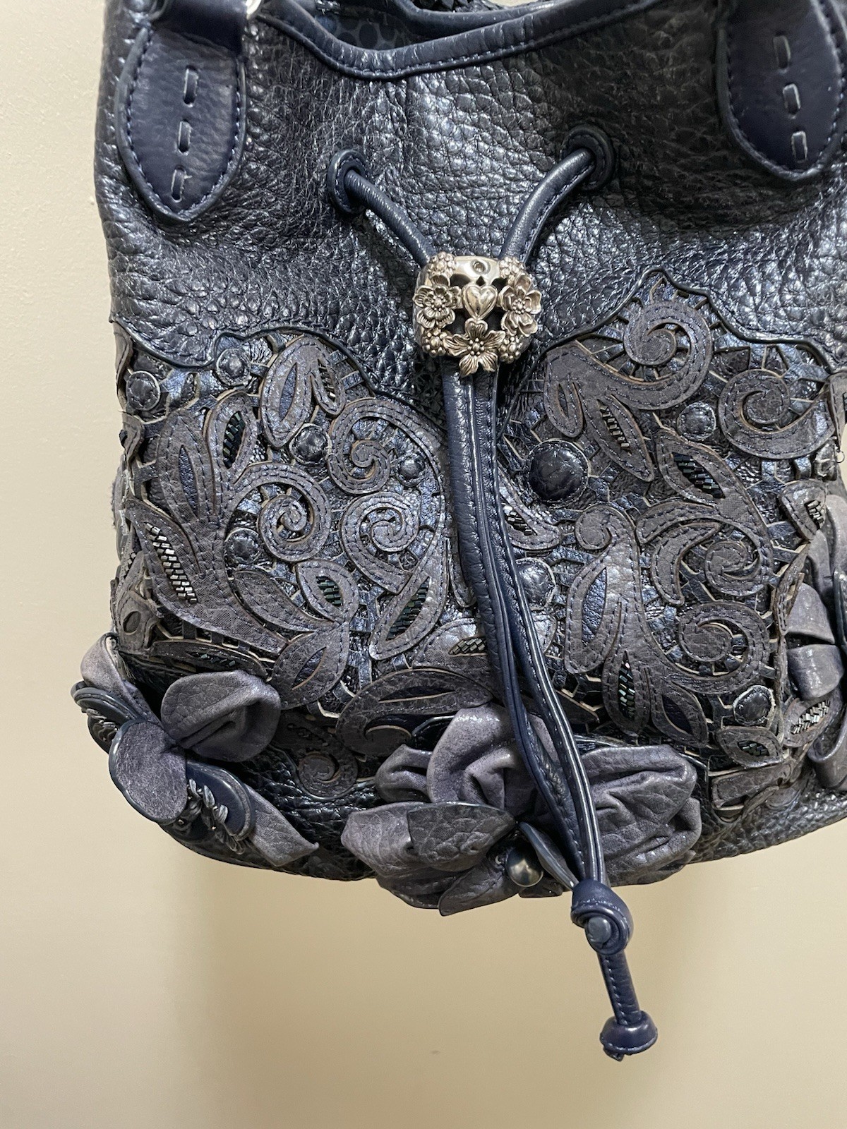 Brighton Blue Floral Beaded Applique Drawstring Bucket Shoulder Bag Strap
