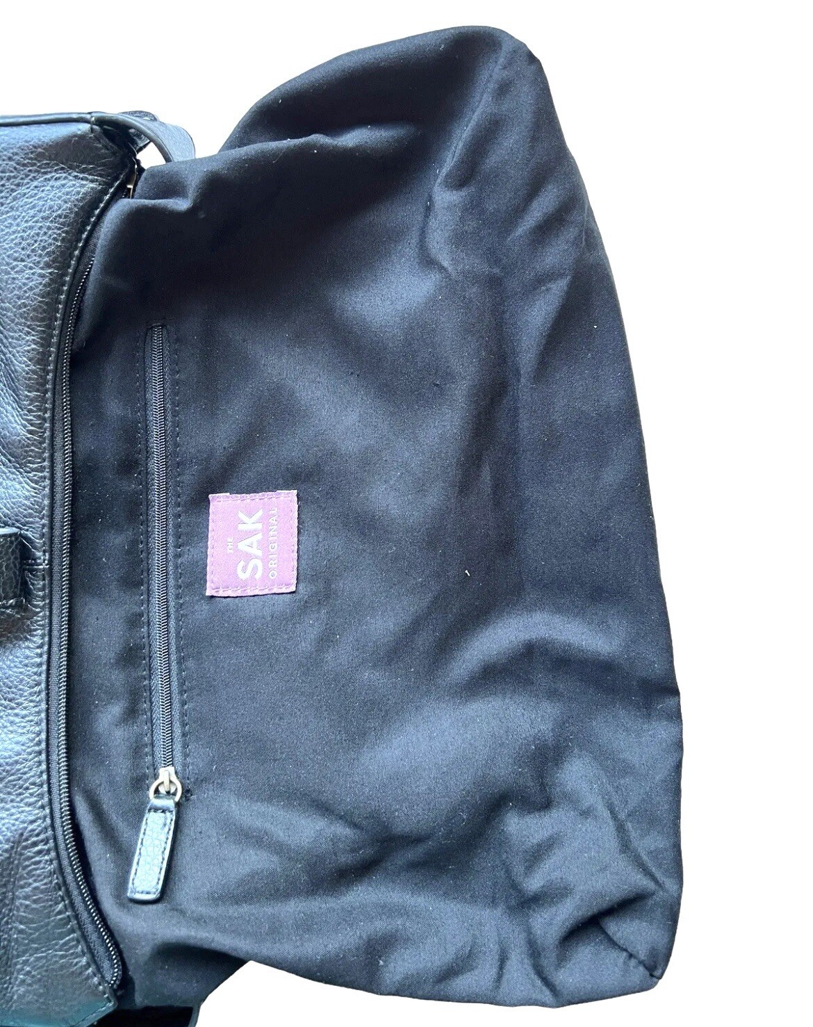 The Sak Handbag Logo Stitched Black Leather Zippered Pocket 10” Drop Handle