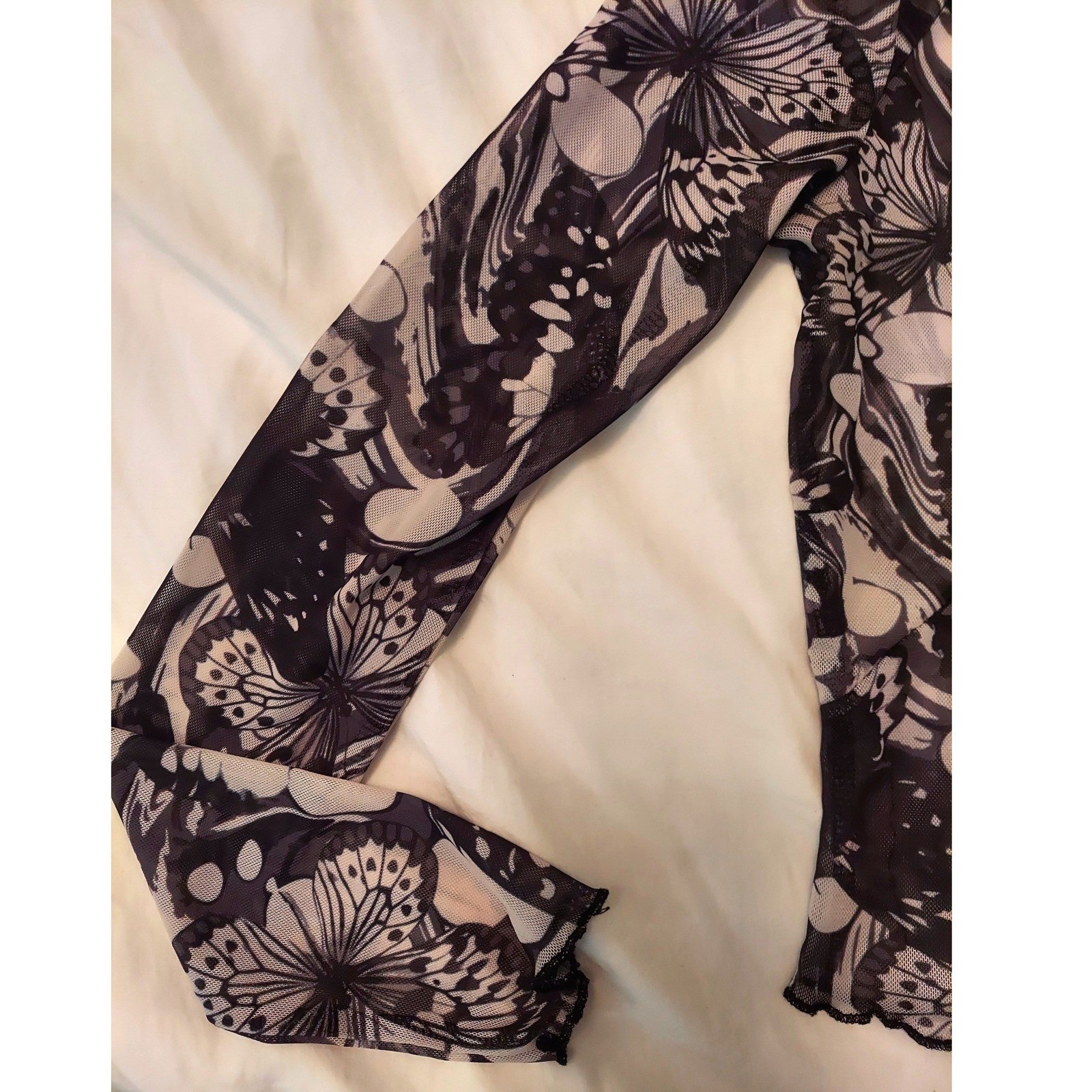 Garage Butterfly Y2K Print Mesh Mock Neck Long Sleeve Top Black White Small