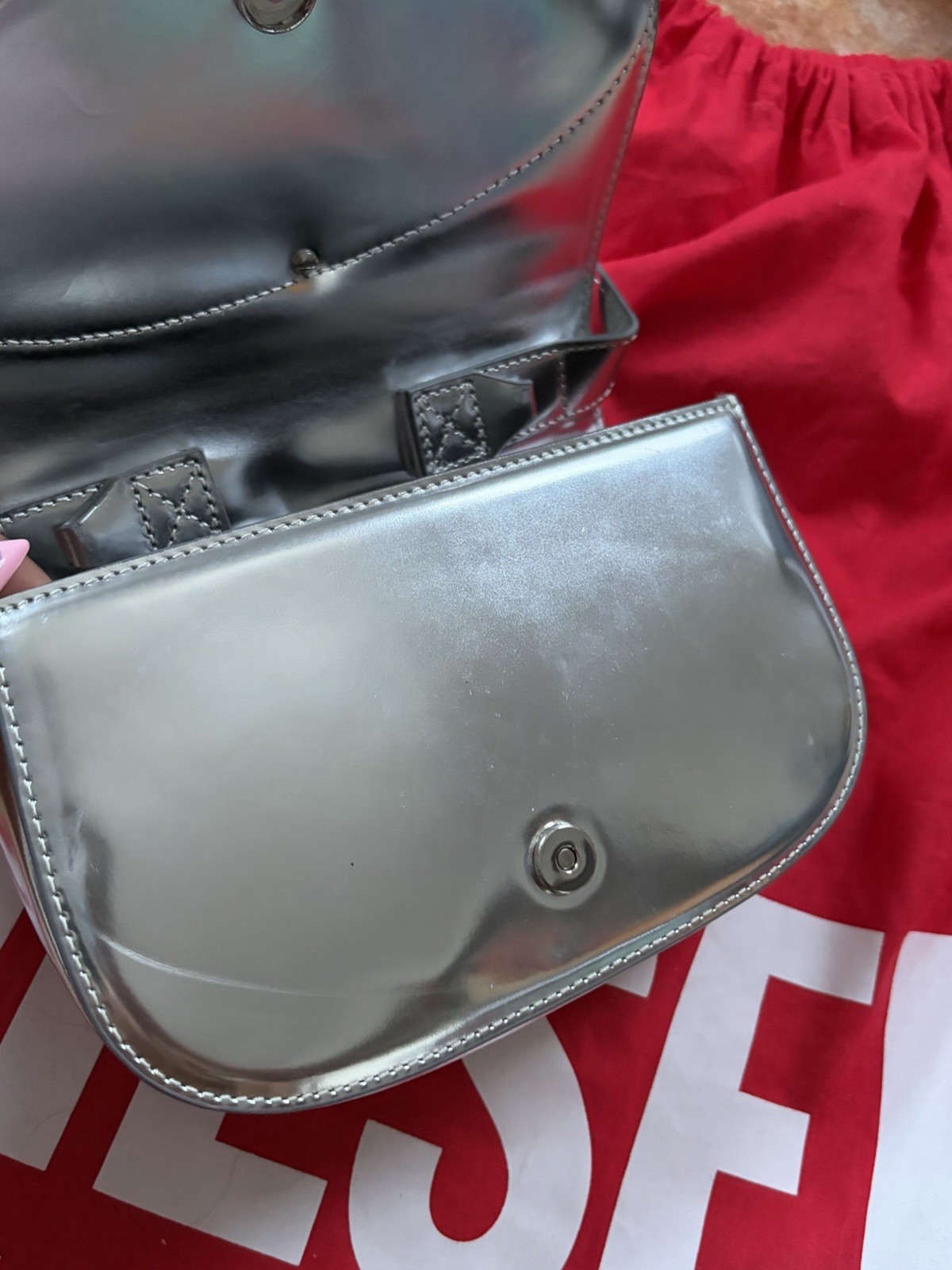 Diesel Silver Metallic Mini Top Handle Bag Logo Print Magnetic Closure