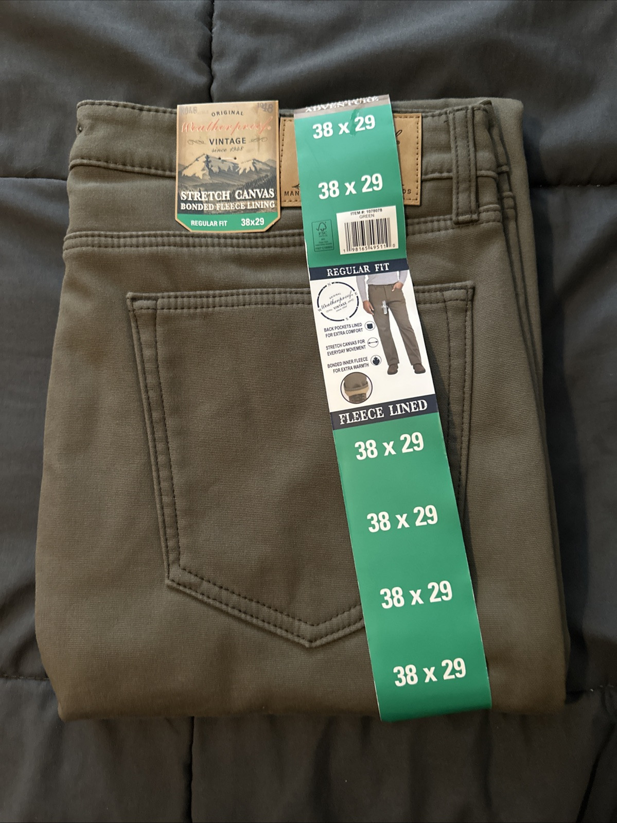 Weatherproof Vintage Men’s Stretch Canvas Fleece Lined Pants Green – 38X29 – NEW